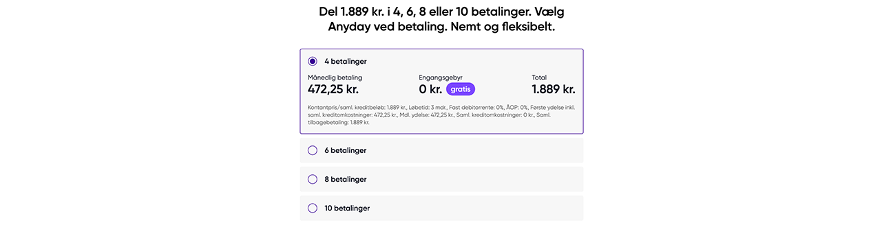 På Anyday pop-up boksen kan du se de forskellige delbetalingsbeløb for dit valgte produkt